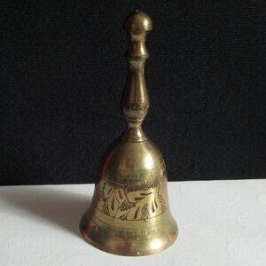 Solid Brass Hand Bell, Green & Orange accents, Engraved design, Vintage
